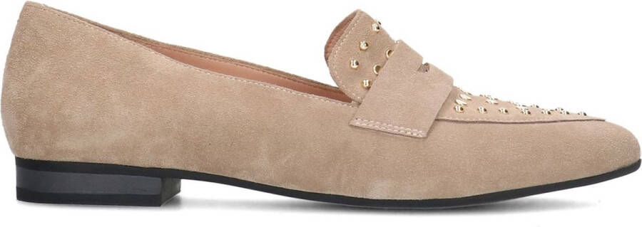 Manfield Dames Beige suède loafers met goudkleurige studs - Foto 4