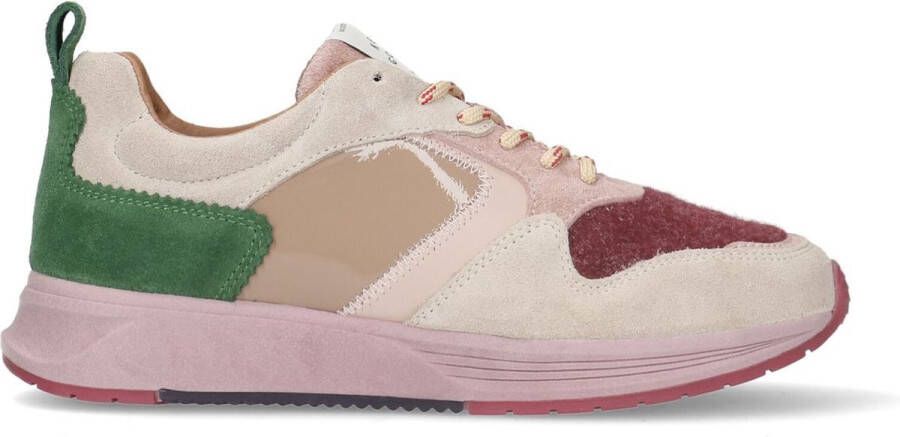 Manfield Dames Beige suède sneakers met gekleurde details - Schoenen.nl