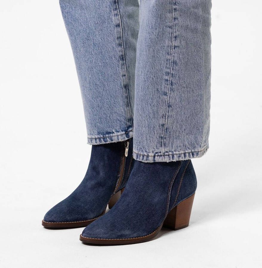 Manfield Dames Blauwe denim enkellaarsjes met hak