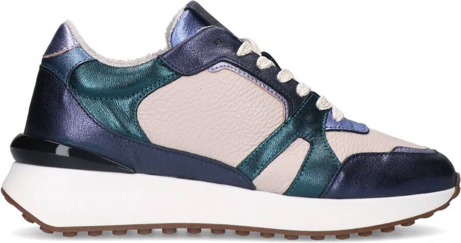 Manfield Dames Blauwe leren sneakers met metallic details