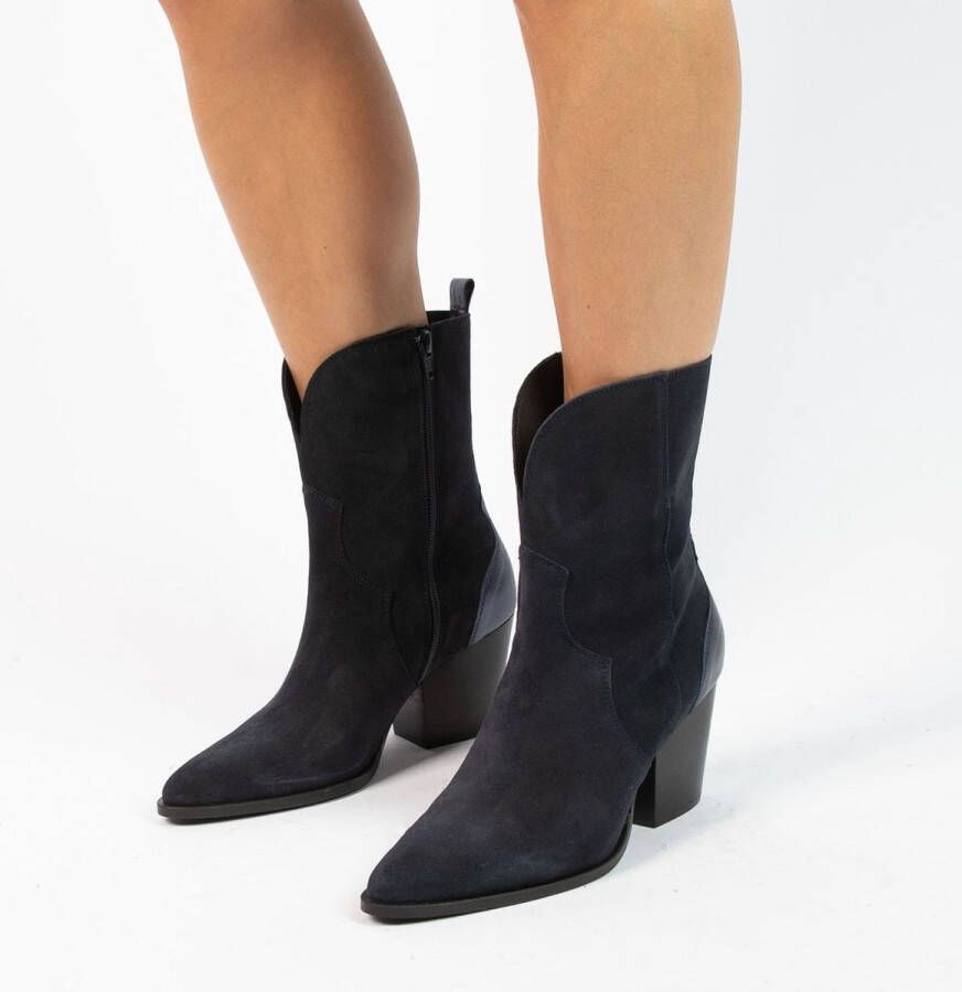 Manfield Dames Blauwe suède cowboy laarzen met metallic details