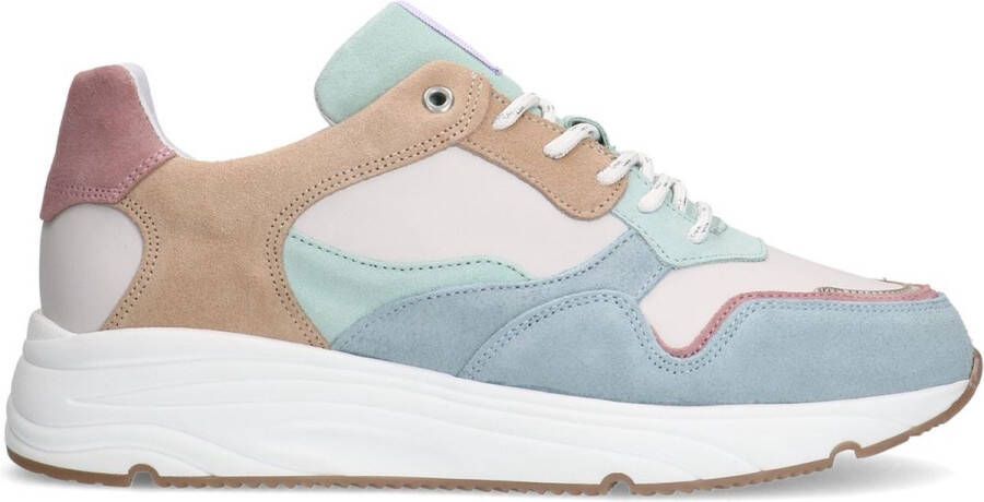 Manfield Dames Blauwe leren sneakers met suède details