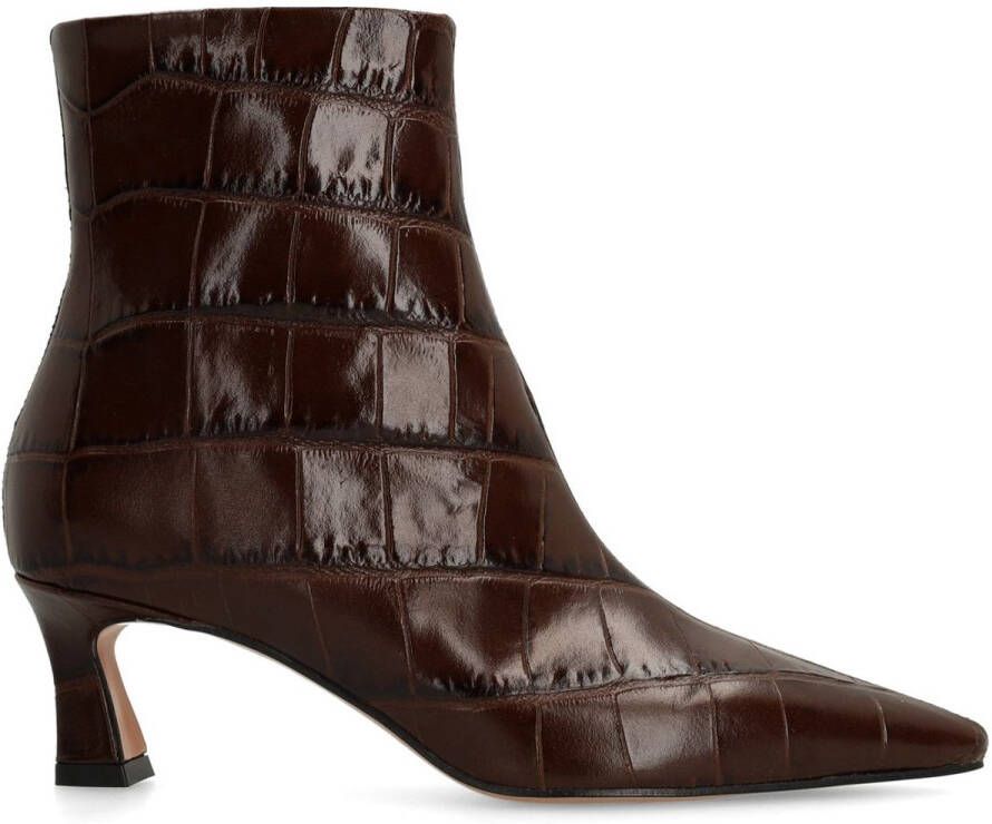 Manfield Dames Bruine leren croco enkellaarsjes met hak