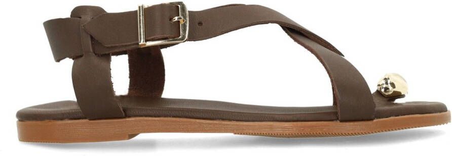 Manfield Dames Bruine leren sandalen met goudkleurig detail