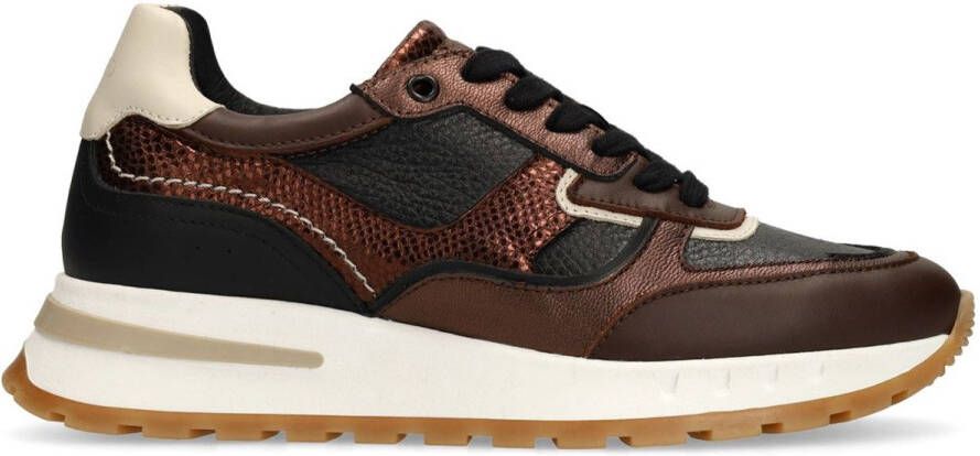 Manfield Dames Bruine leren sneakers met metallic details