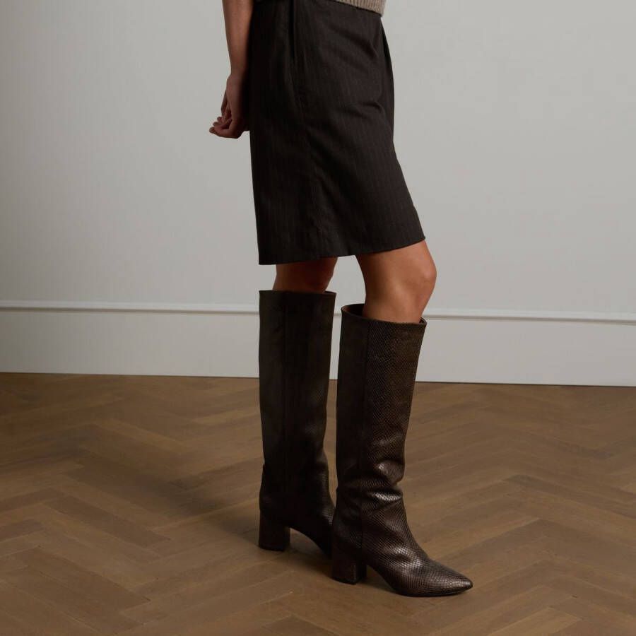 Manfield Dames Bruine snake print hoge leren laarzen met hak - Foto 2