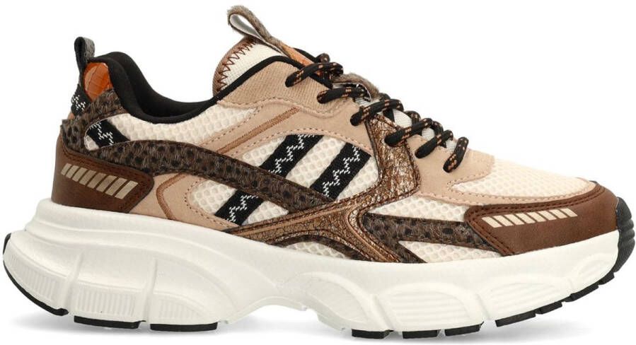 Manfield Dames Bruine sneakers met beige en zwarte stoffen details