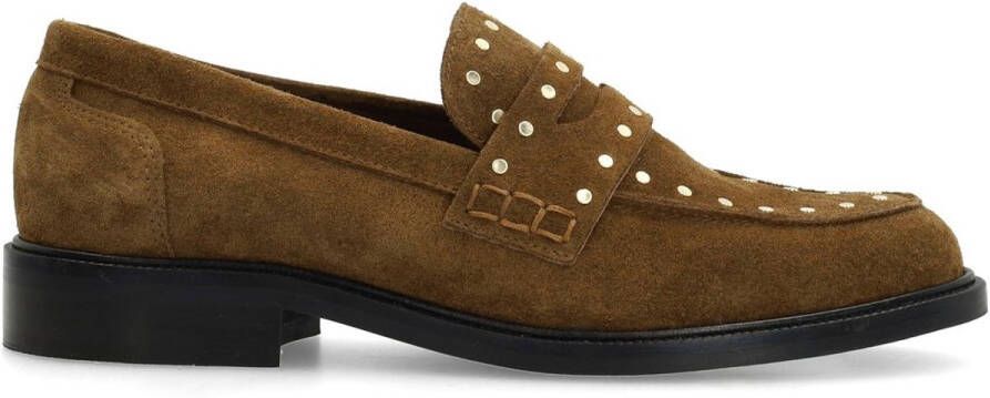 Manfield Dames Bruine suède loafers met goudkleurige studs