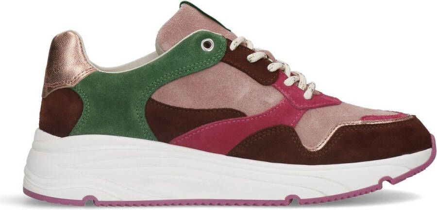 Manfield Dames Bruine suède sneakers met gekleurde details - Schoenen.nl