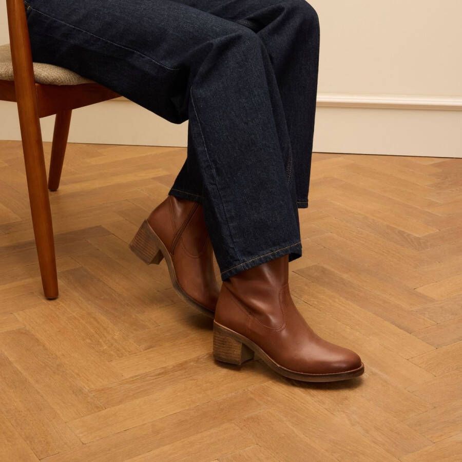 Manfield Dames Cognac leren enkellaarsjes met hak - Foto 2