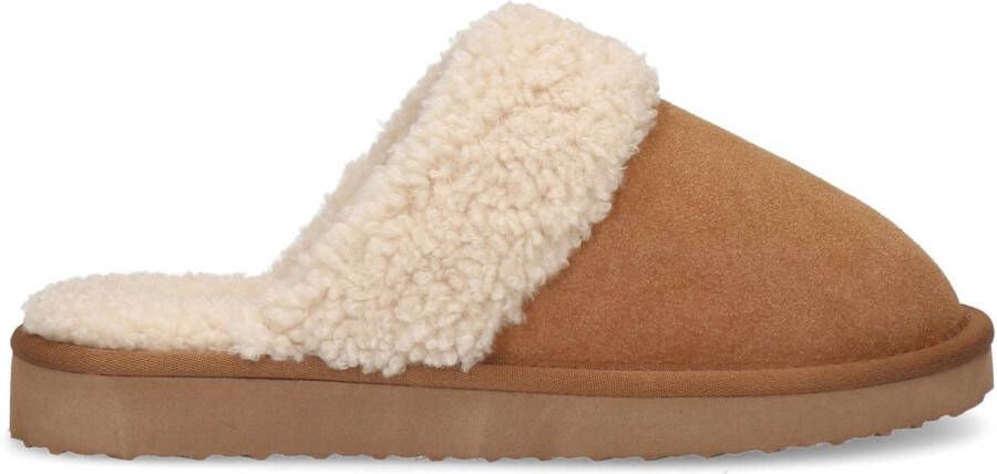 Manfield Dames Cognac suède pantoffels met imitatie wol - Foto 2