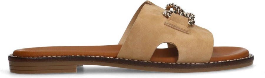 Manfield Dames Cognac suède slippers met chain