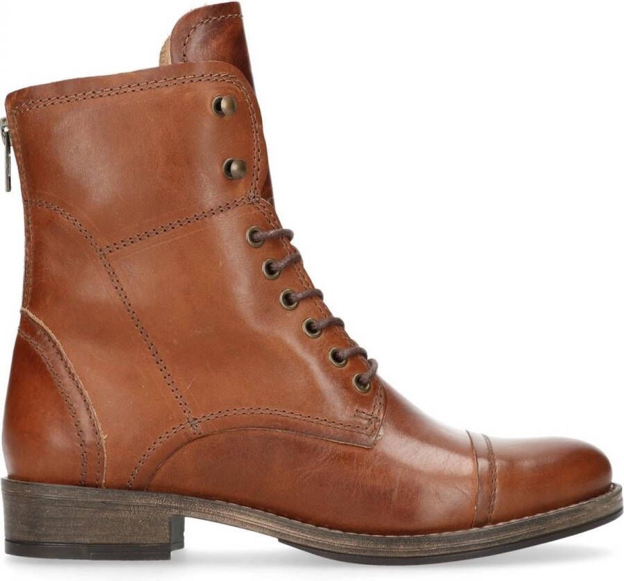 Manfield Dames Cognac leren veterlaarzen met bont voering