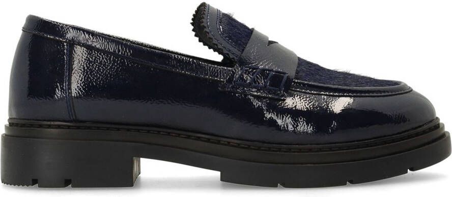 Manfield Dames Donkerblauwe lakleren loafers met pony hair