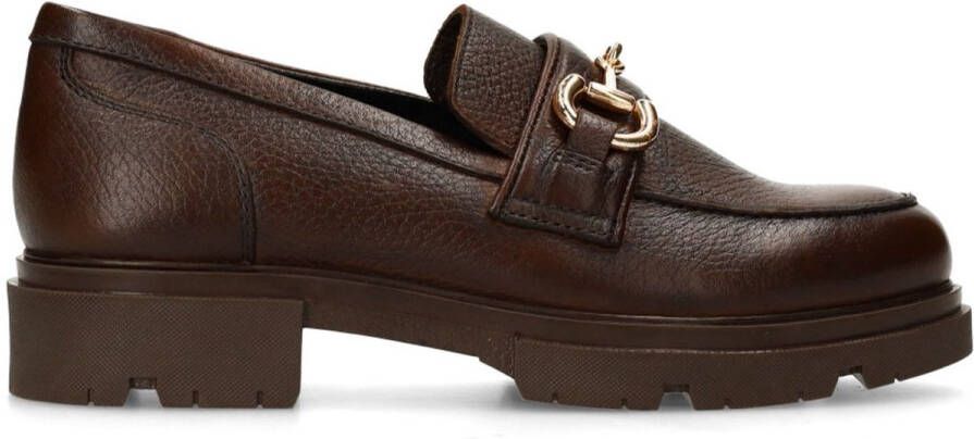 Manfield Dames Donkerbruine leren loafers met gouden chain
