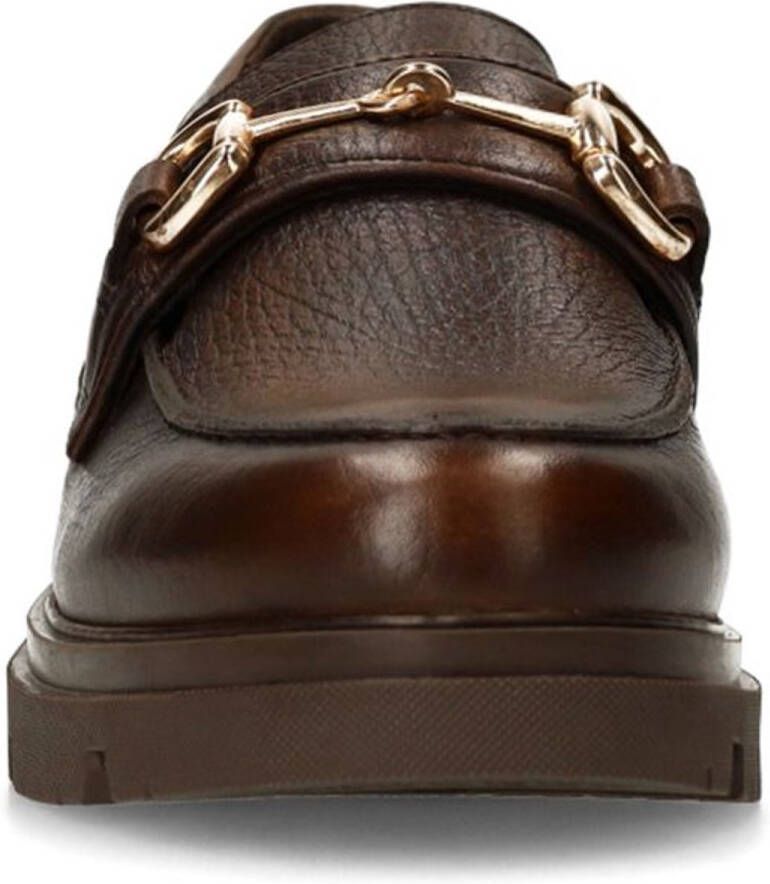 Manfield Dames Donkerbruine leren loafers met gouden chain