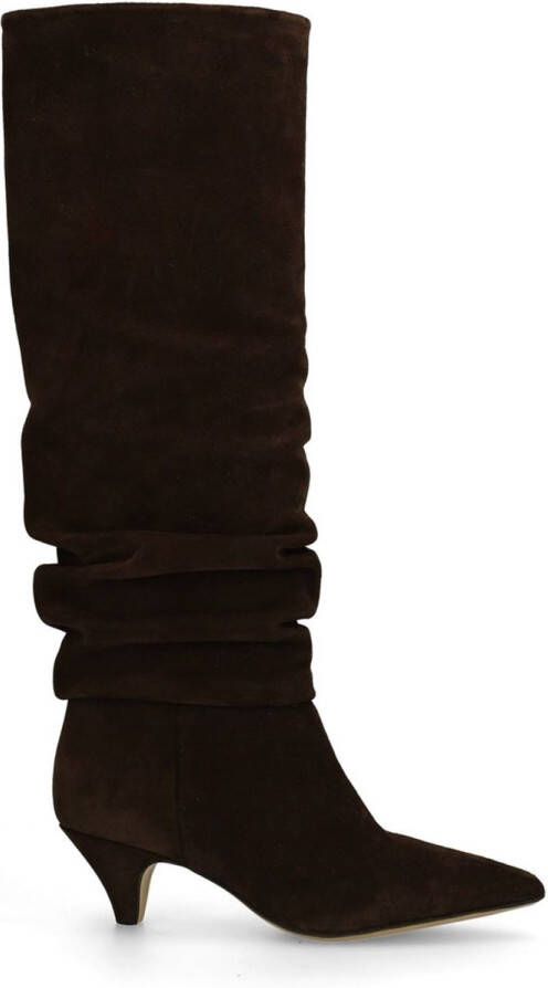 Manfield Dames Donkerbruine suède hoge laarzen met kittenheel