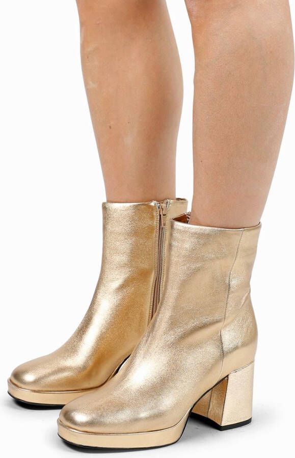 Manfield Dames Goudkleurige leren enkellaarsjes met hak - Foto 2