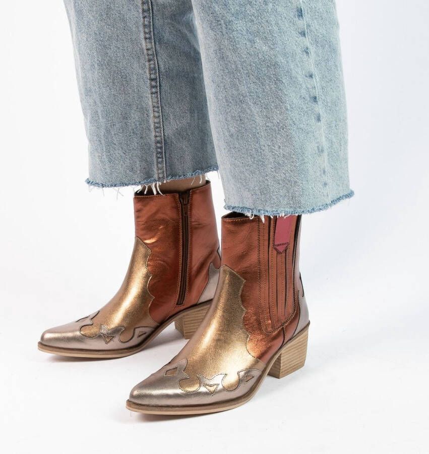 Manfield Dames Goudkleurige metallic leren cowboy laarzen