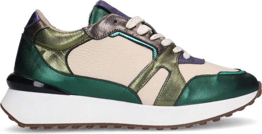 Manfield Dames Groene leren sneakers met metallic details