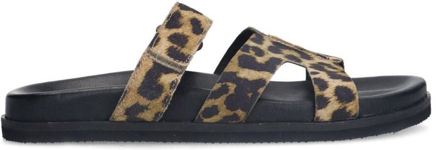 Manfield leren slippers met panterprint beige zwart
