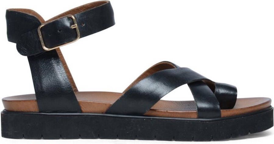 Manfield Dames Zwarte leren plateau sandalen met gespsluiting - Foto 2