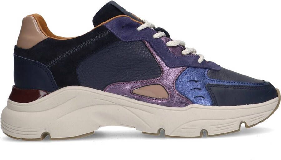 Manfield Dames Blauwe leren sneakers met suède details