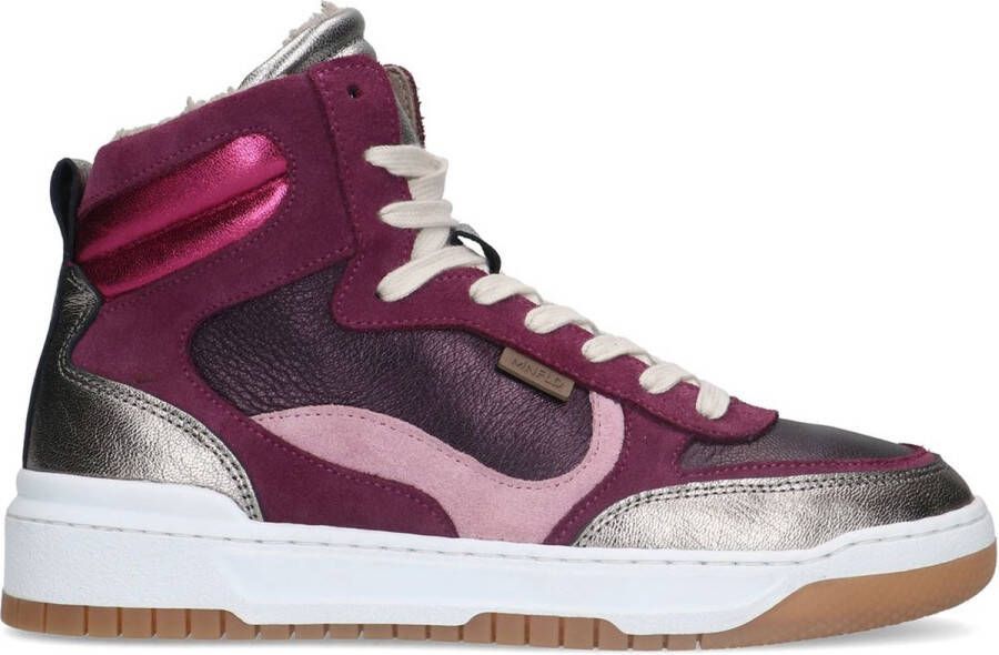 Manfield Dames Roze leren hoge sneakers met imitatiewol