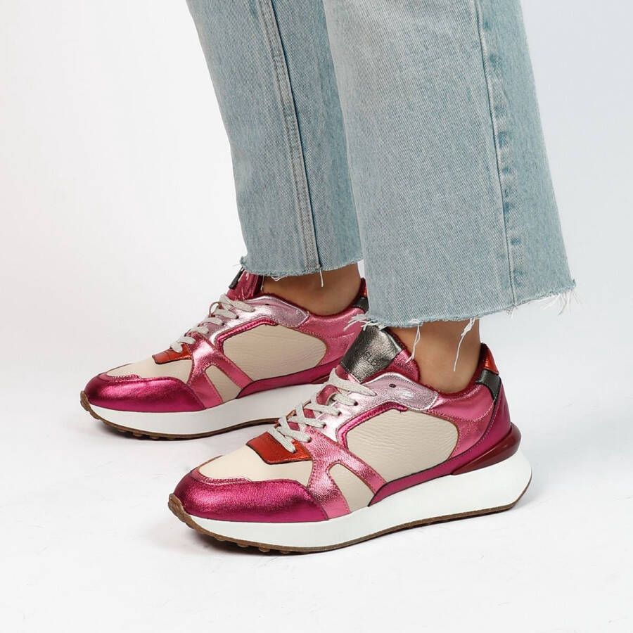 Manfield Dames Roze leren sneakers met metallic details