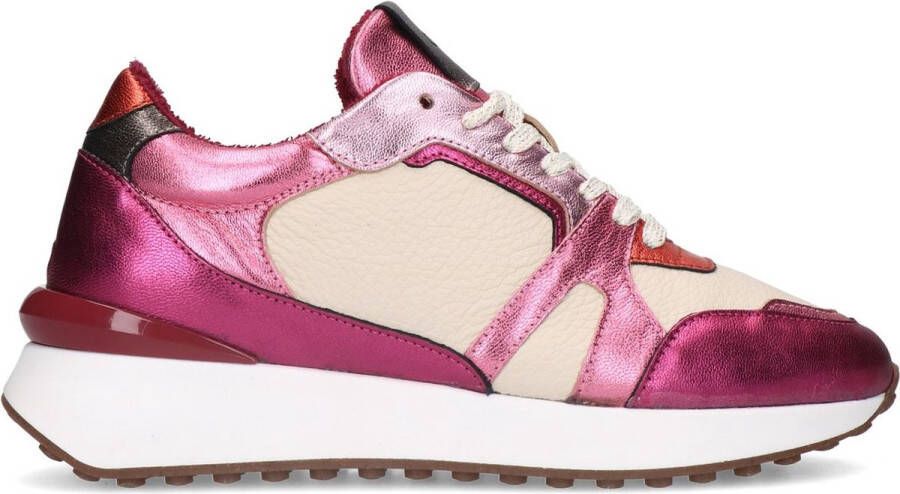 Manfield Dames Roze leren sneakers met metallic details