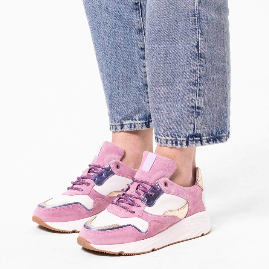 Manfield Dames Roze leren sneakers met metallic details