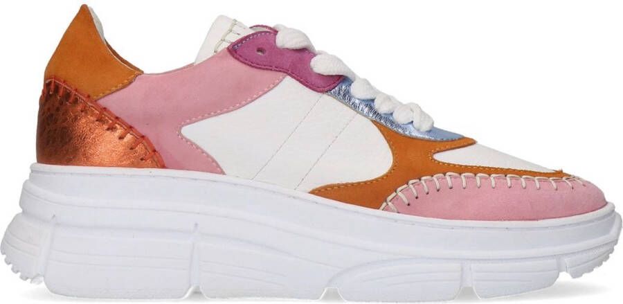 Manfield Dames Roze leren sneakers met suède details