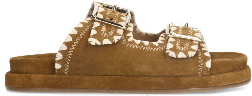 Manfield Dames Suède cognac slippers met gesp