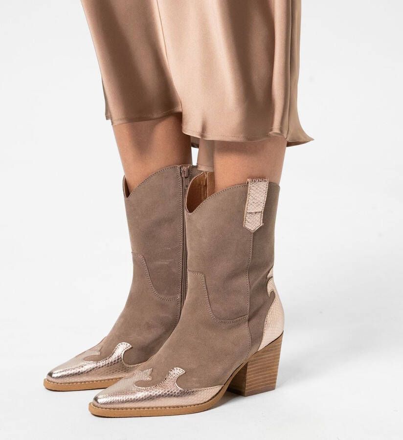Manfield Dames Taupe cowboylaarzen met goudkleurige metallic details