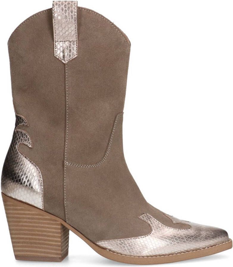 Manfield Dames Taupe cowboylaarzen met goudkleurige metallic details - Foto 2