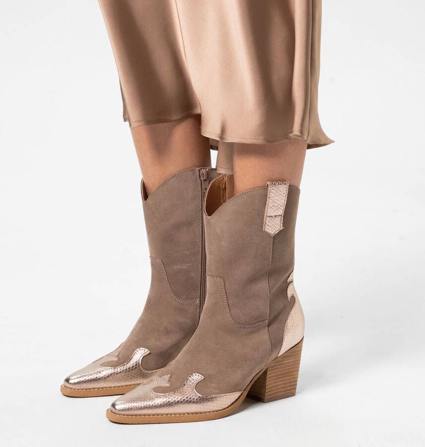 Manfield Dames Taupe cowboylaarzen met goudkleurige metallic details