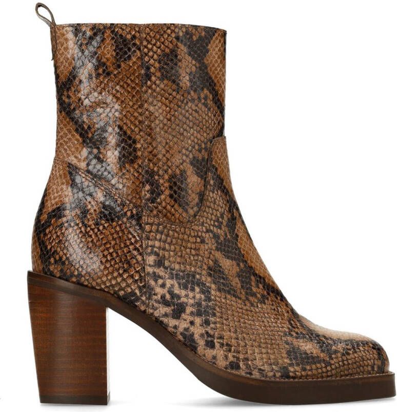 Manfield Dames Taupe leren snakeprint enkellaarsjes met hak