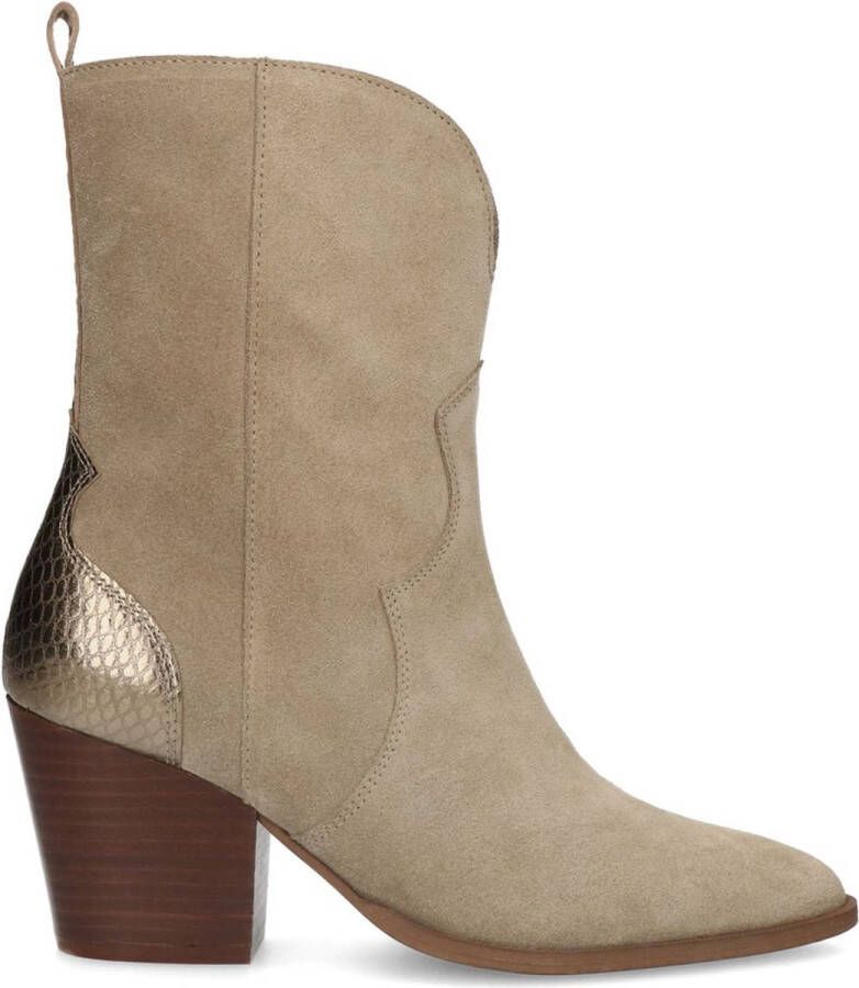 Manfield Dames Taupe suède cowboy laarzen met metallic details