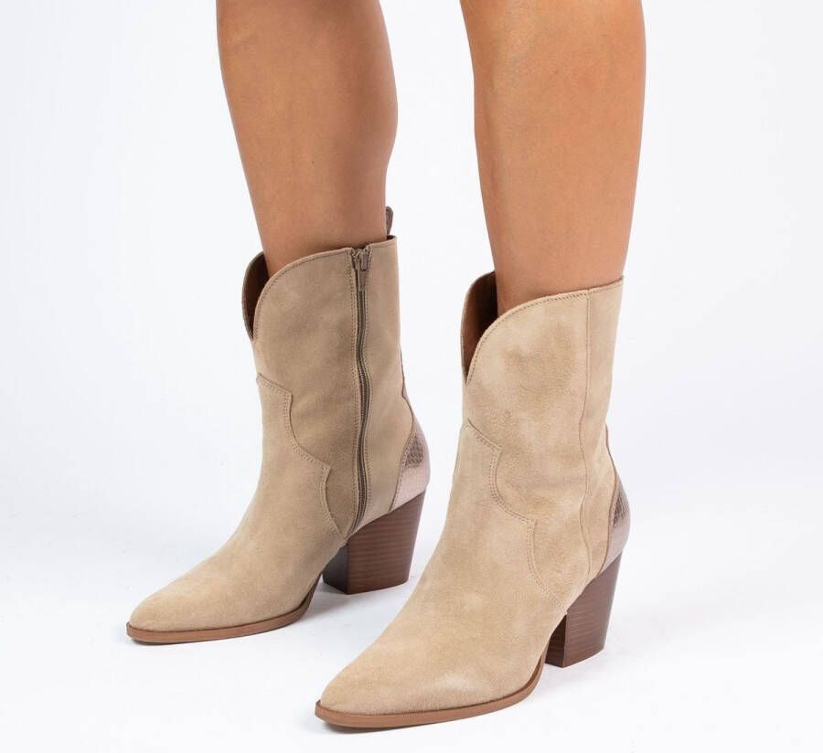 Manfield Dames Taupe suède cowboy laarzen met metallic details - Foto 2