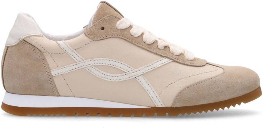 Manfield Dames Witte crème leren sneakers met beige suéde details