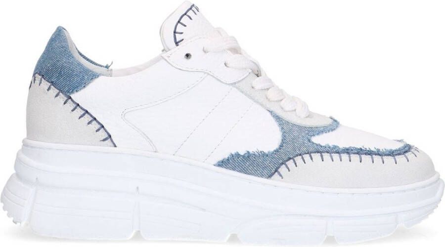 Manfield Dames Witte leren sneakers met blauwe details