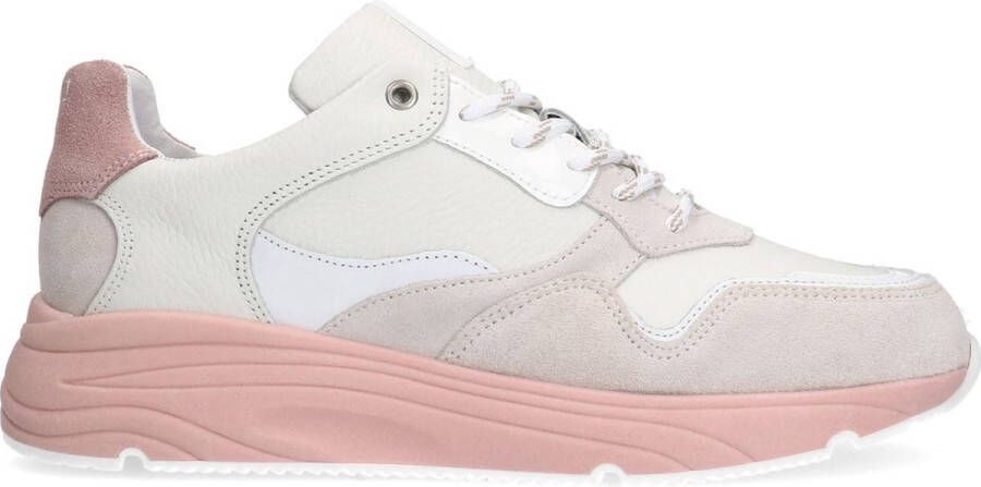 Manfield Dames Witte leren sneakers met roze zool