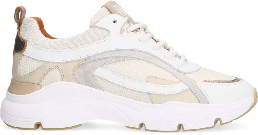 Manfield Dames Witte leren sneakers met stoffen details