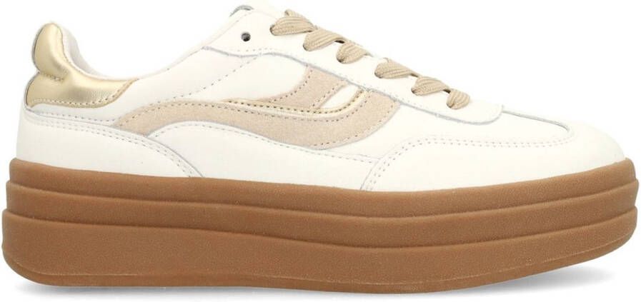 Manfield Dames Witte leren sneakers met suède details