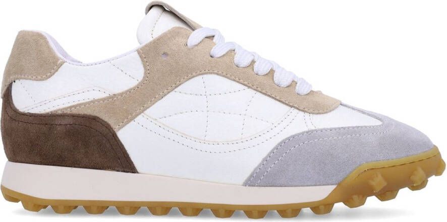Manfield Dames Witte leren sneakers met taupe suède details