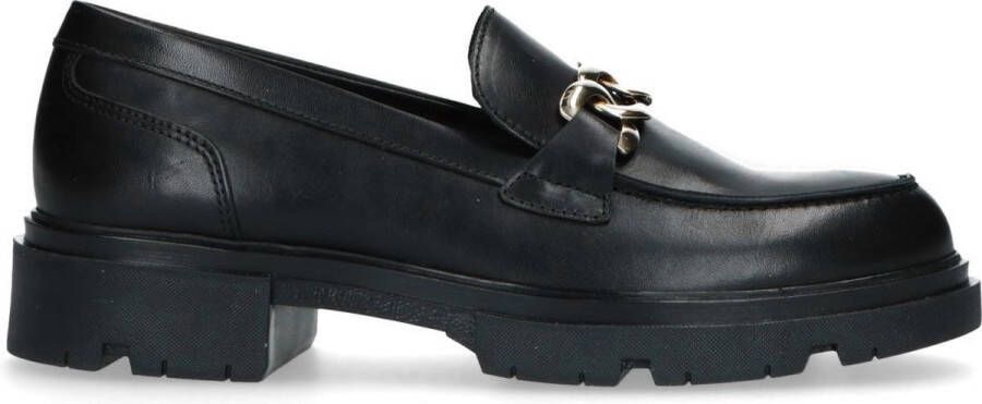 Manfield Dames Zwart leren loafers met goudkleurige chain