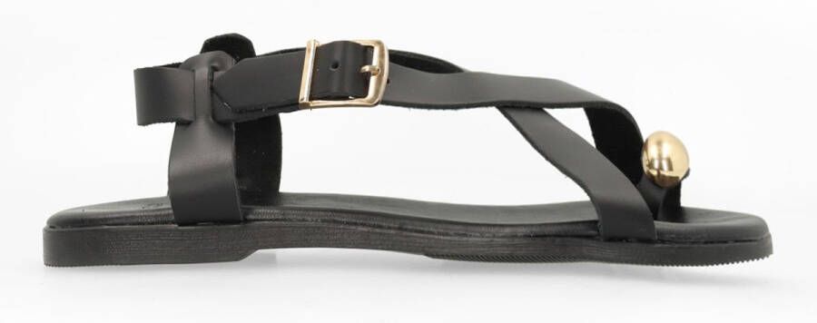Manfield Dames Zwart leren sandalen met goudkleurig detail