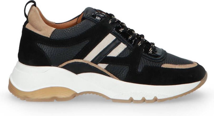 Manfield Dames Zwarte dad sneakers met beige details - Schoenen.nl