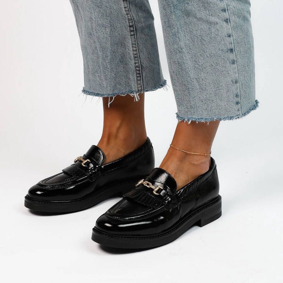 Manfield Dames Zwarte lakleren loafers met goudkleurige details - Foto 1