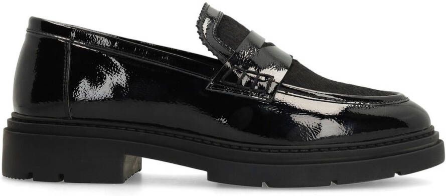 Manfield Dames Zwarte lakleren loafers met ponyhair